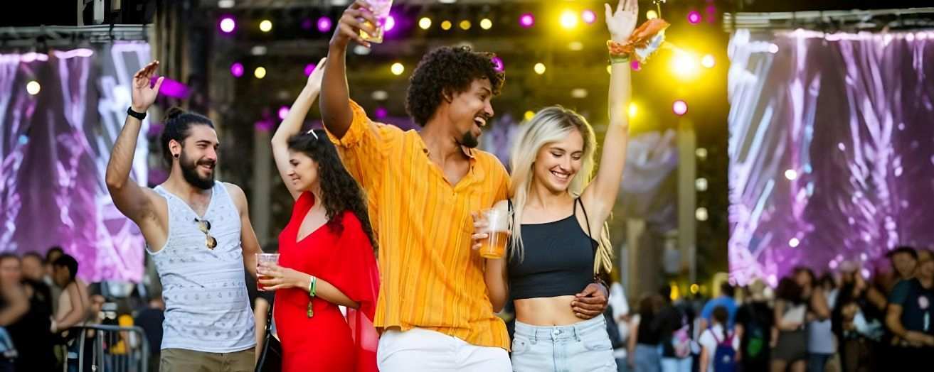 people holding drinks and dancing along to music at a concert