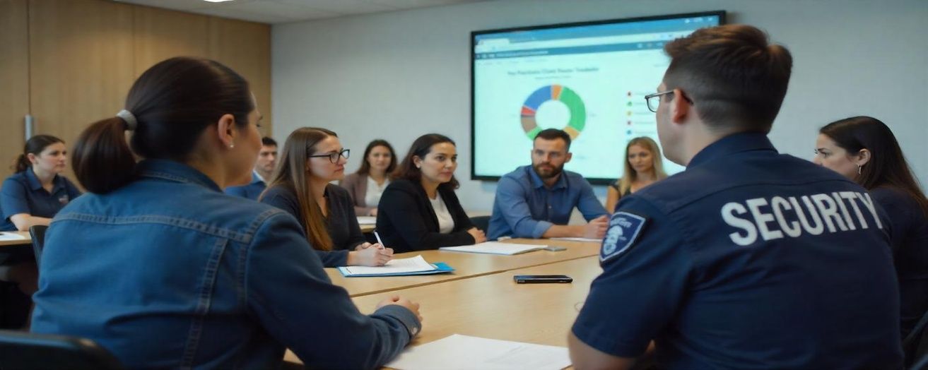 Adult security trainees in a classroom learning from an instructor, with charts on screen