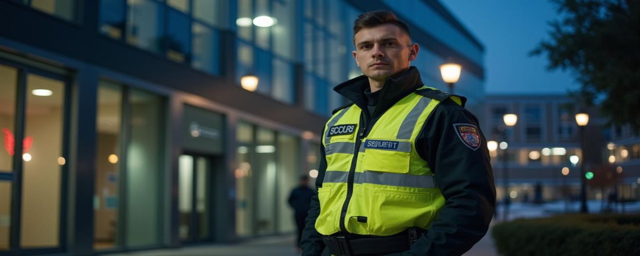 Professional UK security guard standing outside a modern office building at night