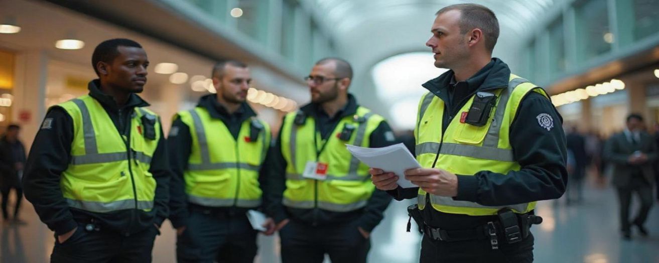 "Security officers in high-visibility vests standing and talking in a busy UK high street, surrounded by pedestrians and shops."