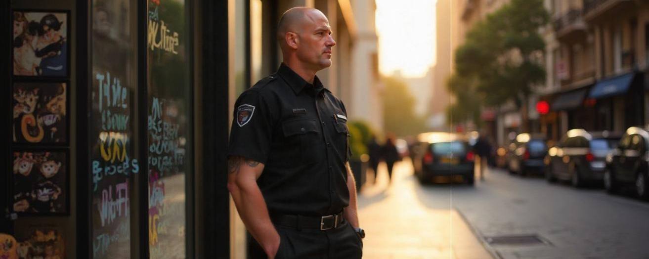 a security guard with a valid security guard licence standing outside a store