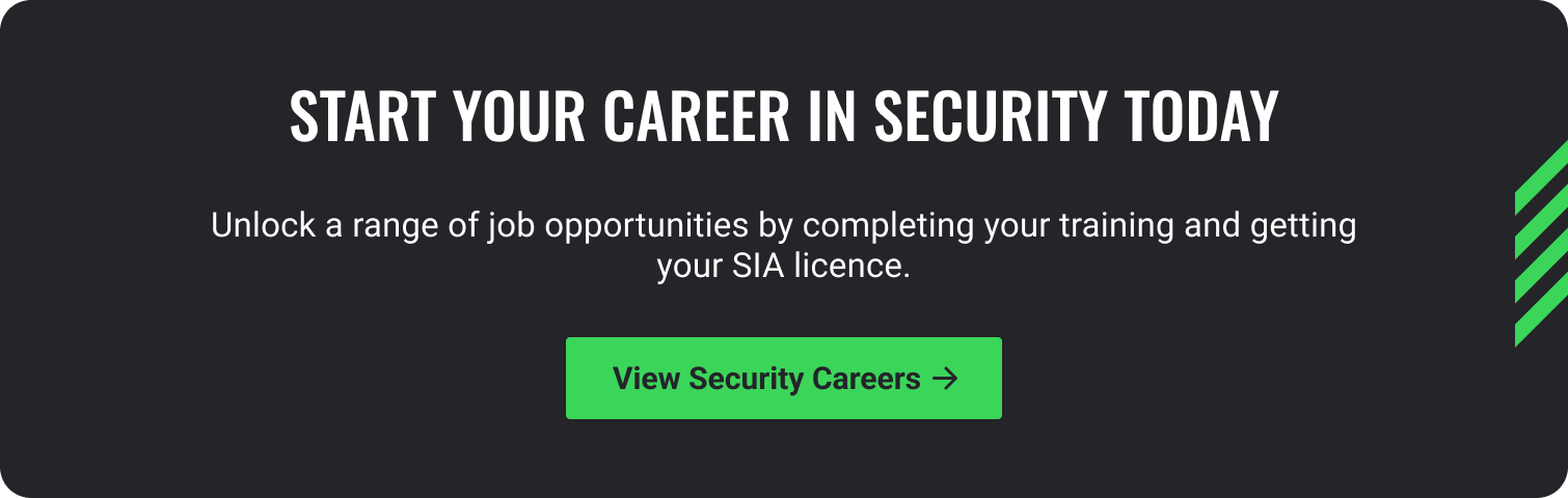 A promotional banner featuring bold text that reads “Start your career in security now.” The background includes imagery of a confident security professional and modern icons representing training and job readiness. A call-to-action button is prominently displayed.