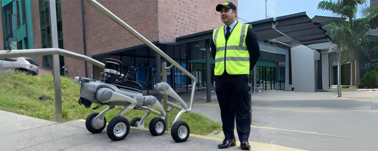 Door supervisor standing next to an AI robot dog