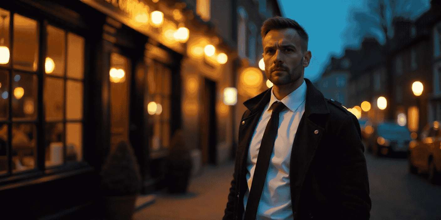 A security guard outside a pub at night, wearing a white shirt, black tie, and black coat. The pub is warmly lit, with street lamps casting soft light on the guard as he stands with a calm, attentive expression. The night scene conveys a sense of security and order outside the lively pub