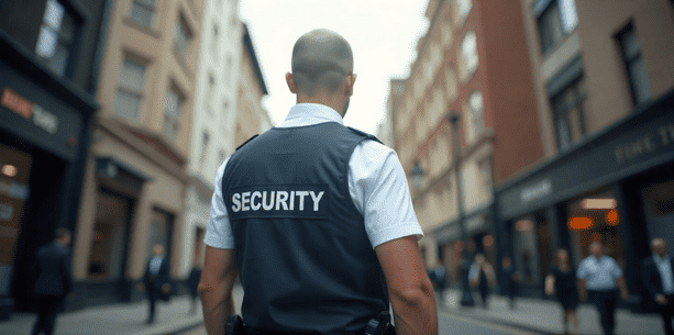 A security guard standing upright in a professional stance, looking alert and focused. The background is neutral or outdoors, and the guard is dressed in clean, professional attire.