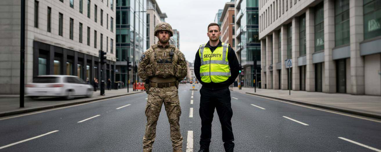 a security officer standing next to a military officer in the UK, both in uniforms