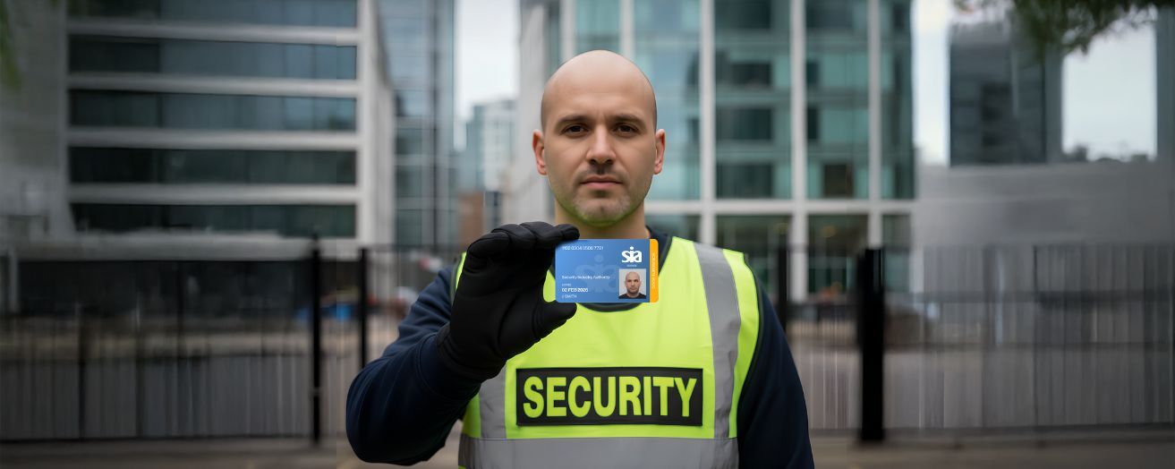 A security officer on duty, holding up his SIA licence badge