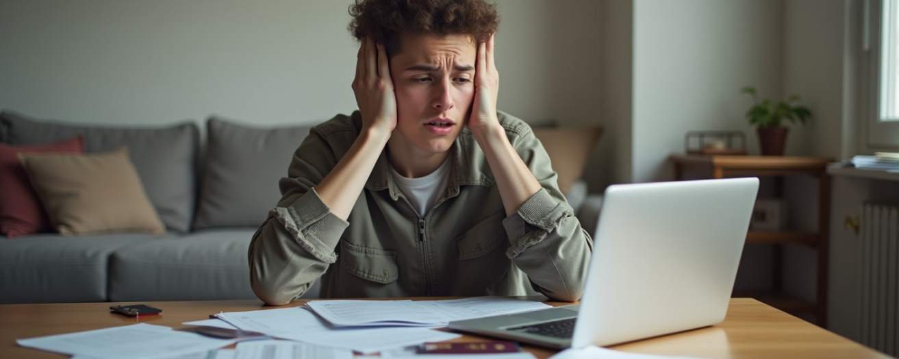 A young man with his laptop and surrounded by documents, visibly frustrated because of errors in his paperwork needed for SIA application