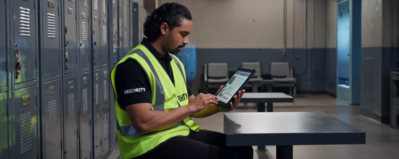 A security officer watching an e-learning video during his break to avoid skills fade