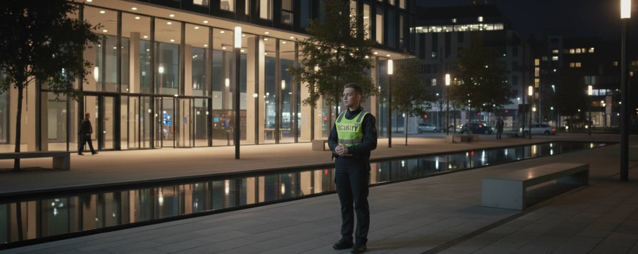 A security officer working a night shift