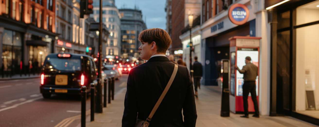 a young man walking down the street in London at dusk