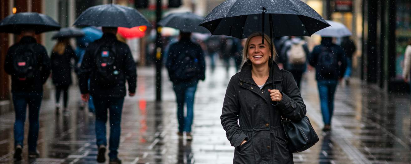 a woman walking in the UK during rain