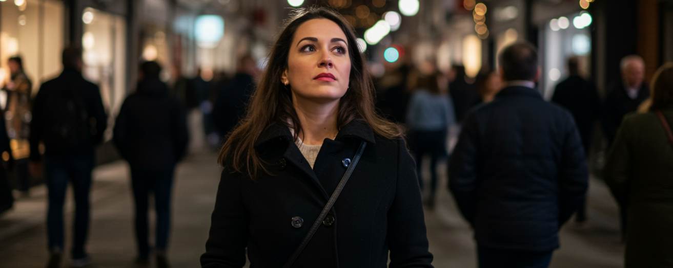 A woman walking confidently down a street in the UK