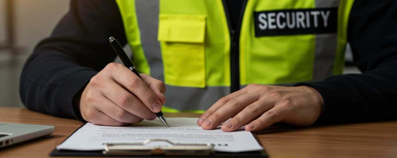 a security worker signing a contract