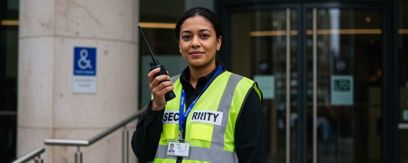a female security officer on duty, smiling at the camera