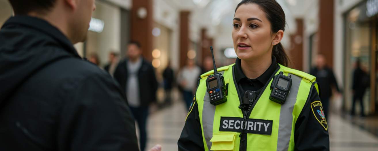 a female security officer de-escalating a situation