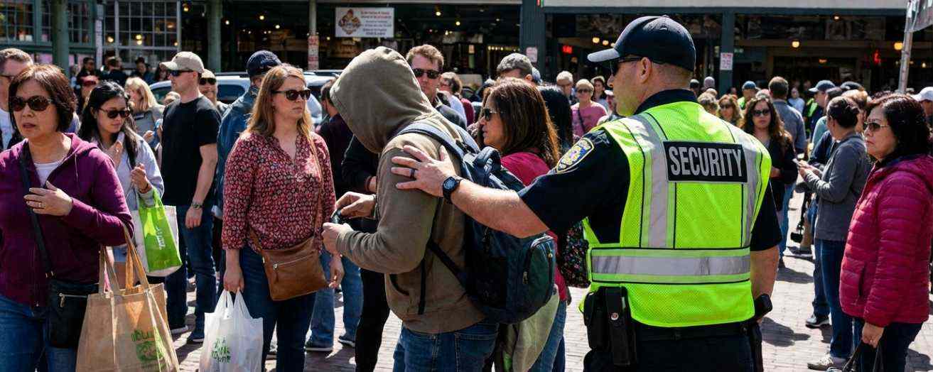 a security officer confronting a thief in a crowded space