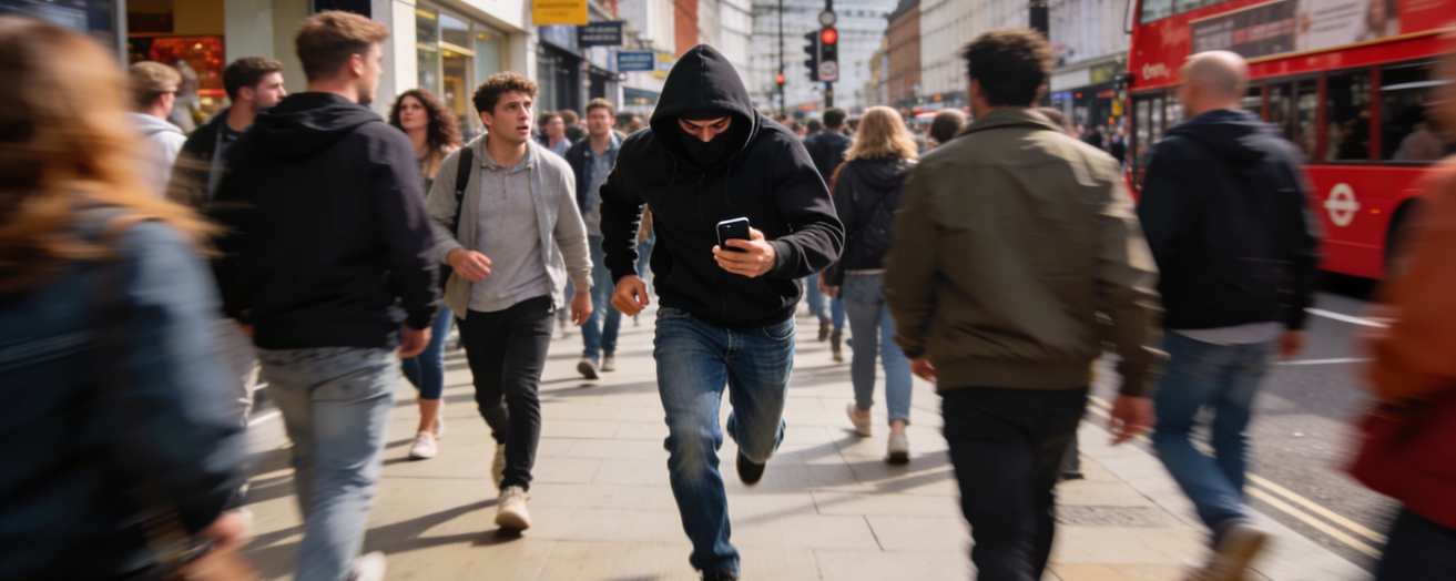 a thief running away after stealing a phone