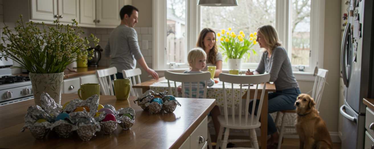 a family sitting in their kitchen with their dog, unwrapped Easter chocolate placed on the counter