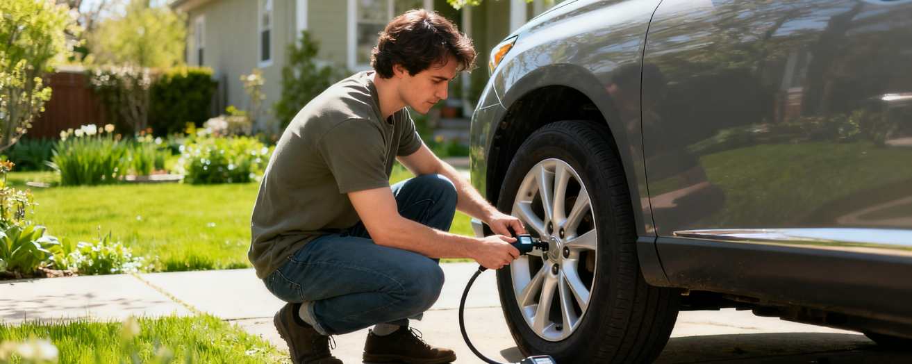 a man checking his car's tyres