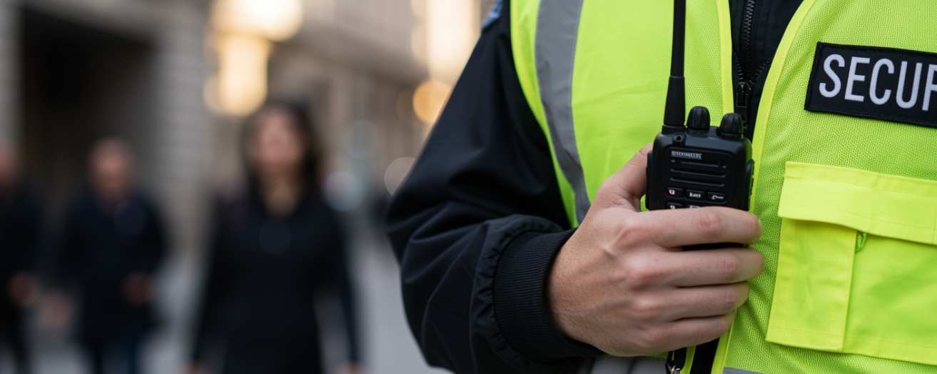 a close-up of a security guard