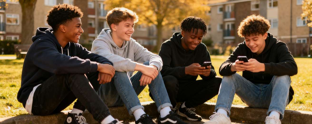 group of teenage boys sitting outside at a park
