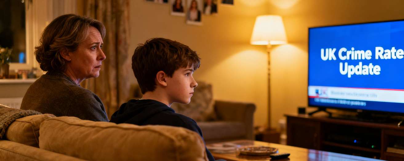 A mother and her son watching the evening news coverage on crime in the UK