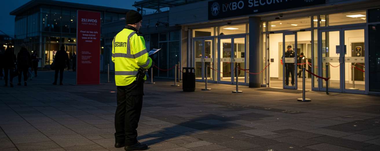 a security guard on duty at night at a public venue