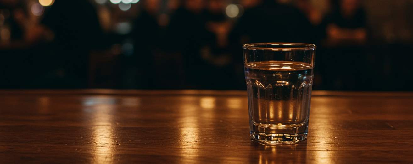 An unattended shot glass at a bar