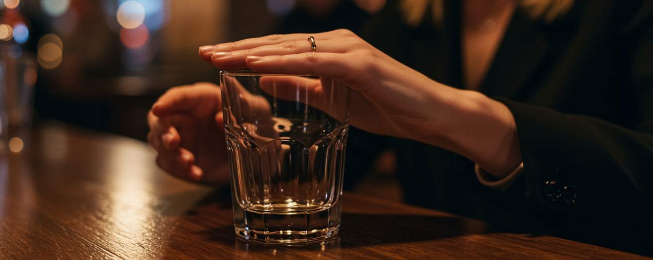 a woman covering her drink