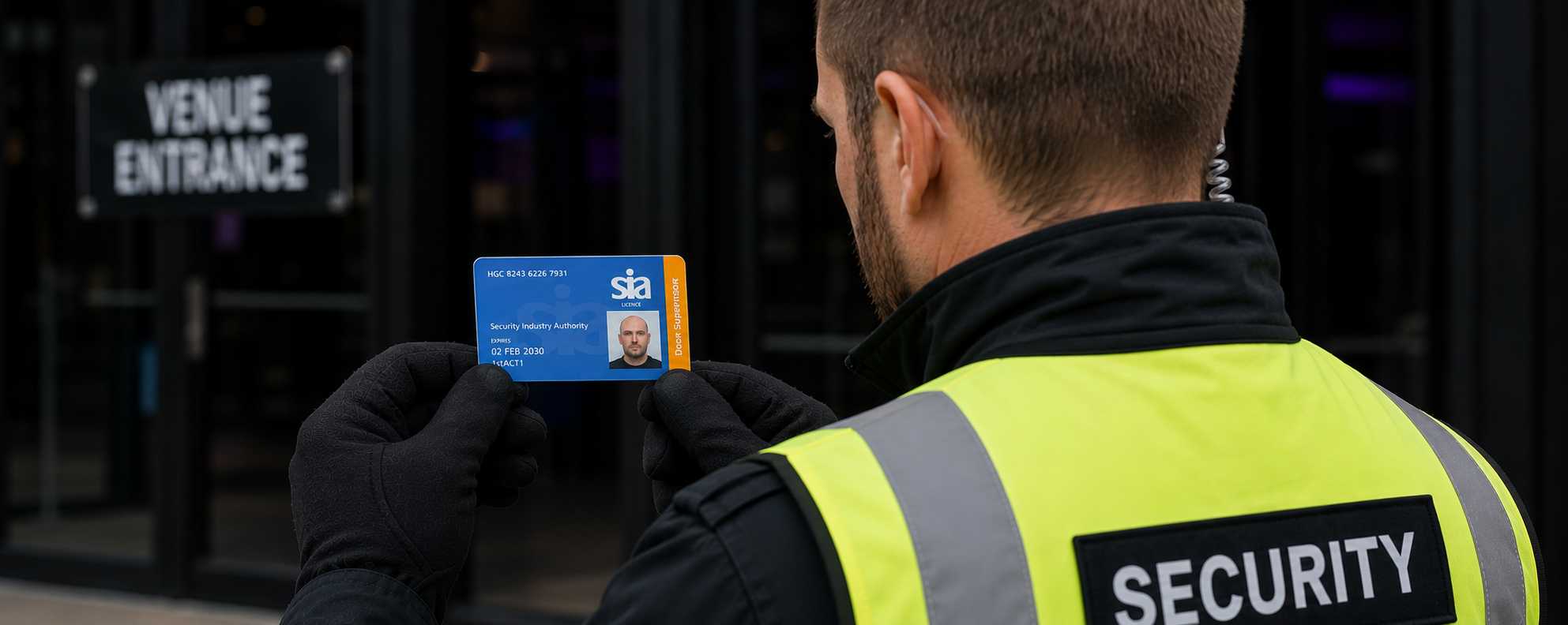 A security officer examining an SIA licence card
