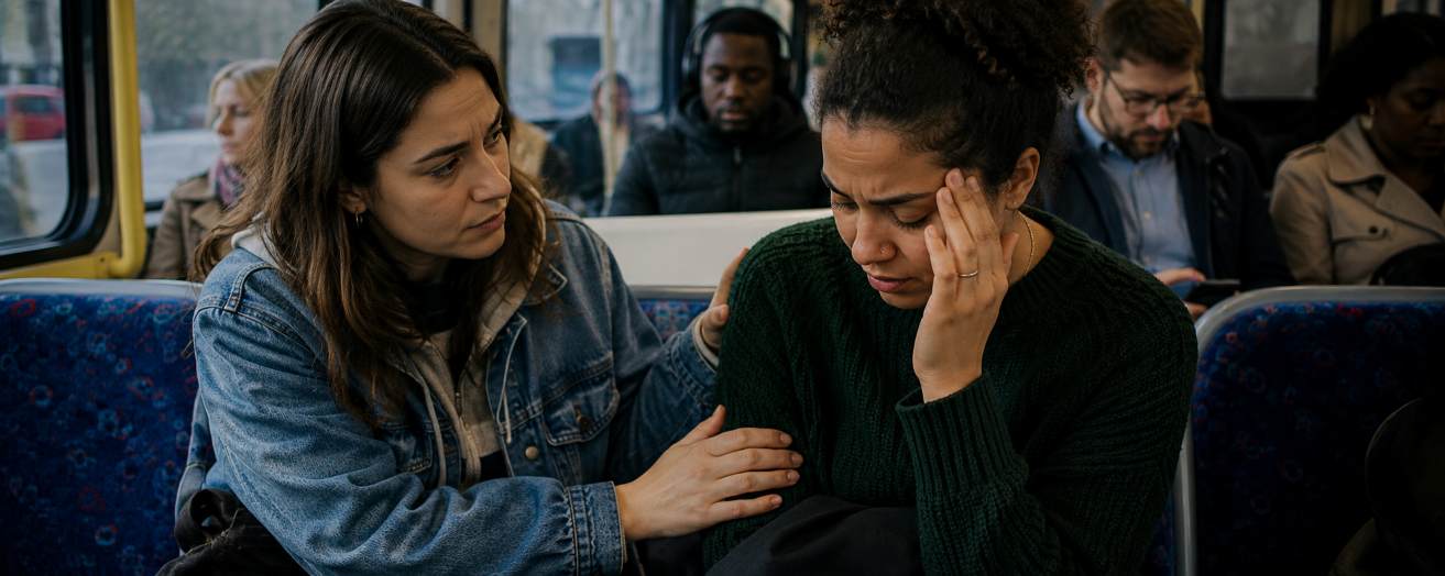 a woman comforting another who is distressed
