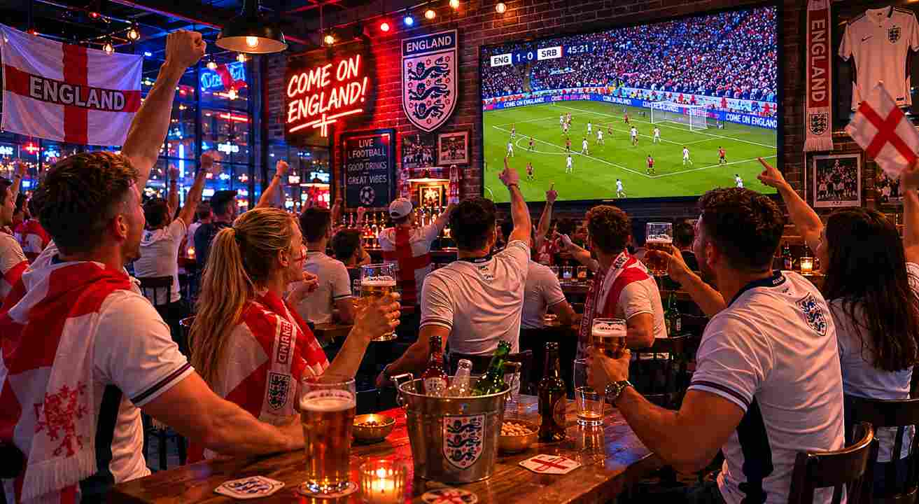 a crowd at a bar watching a football match