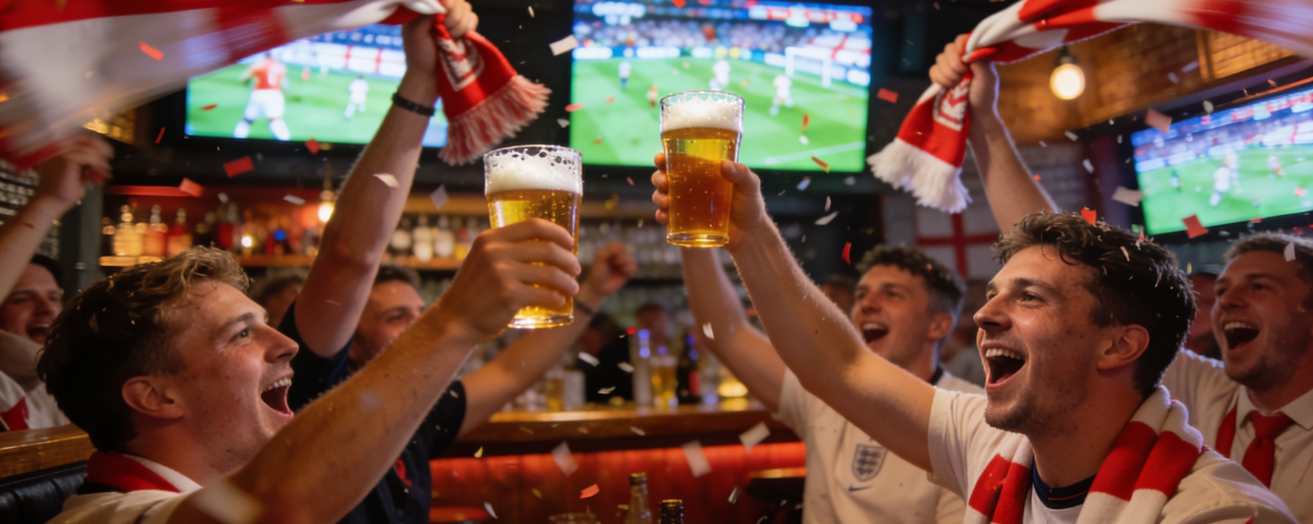 a crowd of sports fans at a bar, drinking beer