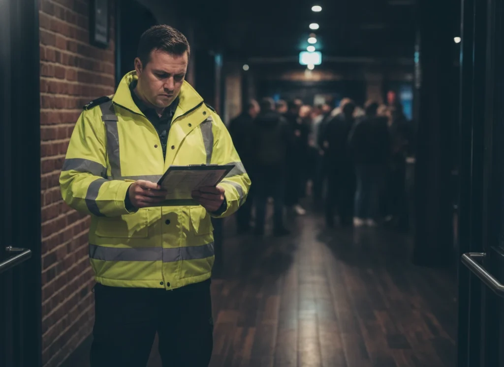 a security officer checking details on a clipboard