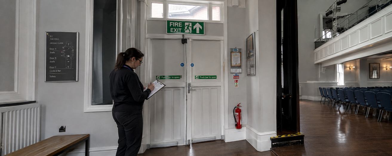 a staff member checking a clipboard near a clearly marked fire exit sign.