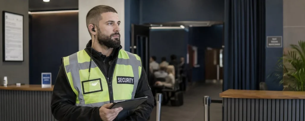 An SIA-licensed security officer standing at an indoor venue entrance, holding a tablet
