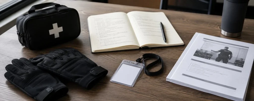 first aid equipment laid out on a desk