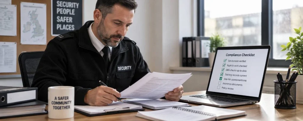 a security employer reviewing compliance docs