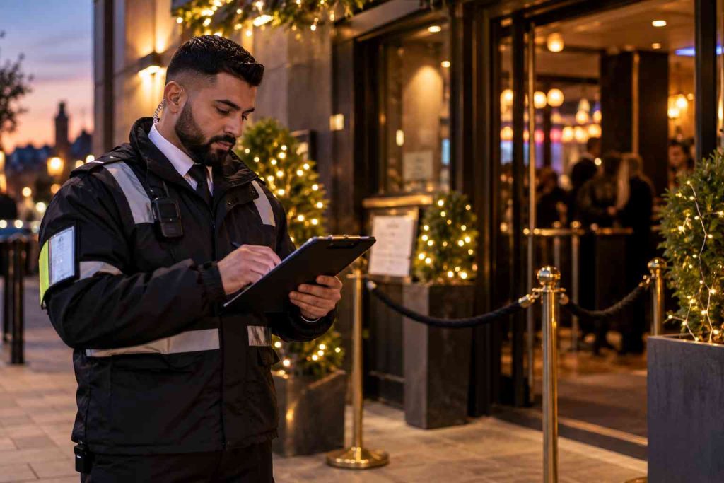 a door supervisor checking ids at a venue entrance