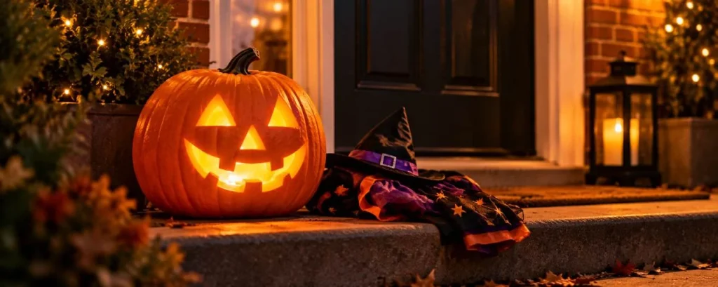 Cozy Halloween Porch Pumpkin and Costume