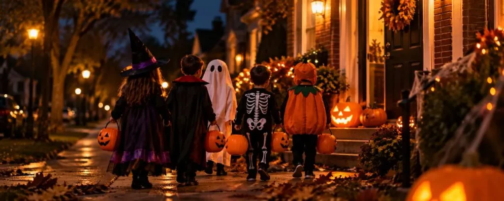 Trick-or-Treaters at the Glowing Porch