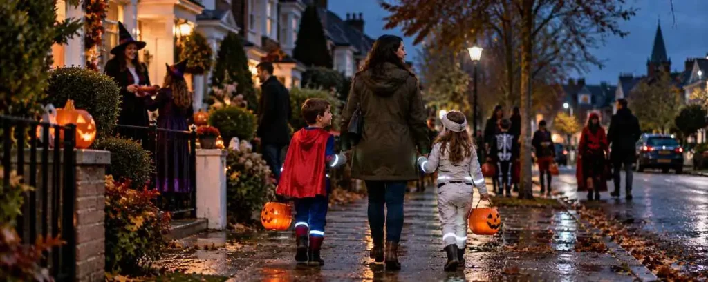 an adult with two kids in costumes, going trick or treating on Halloween