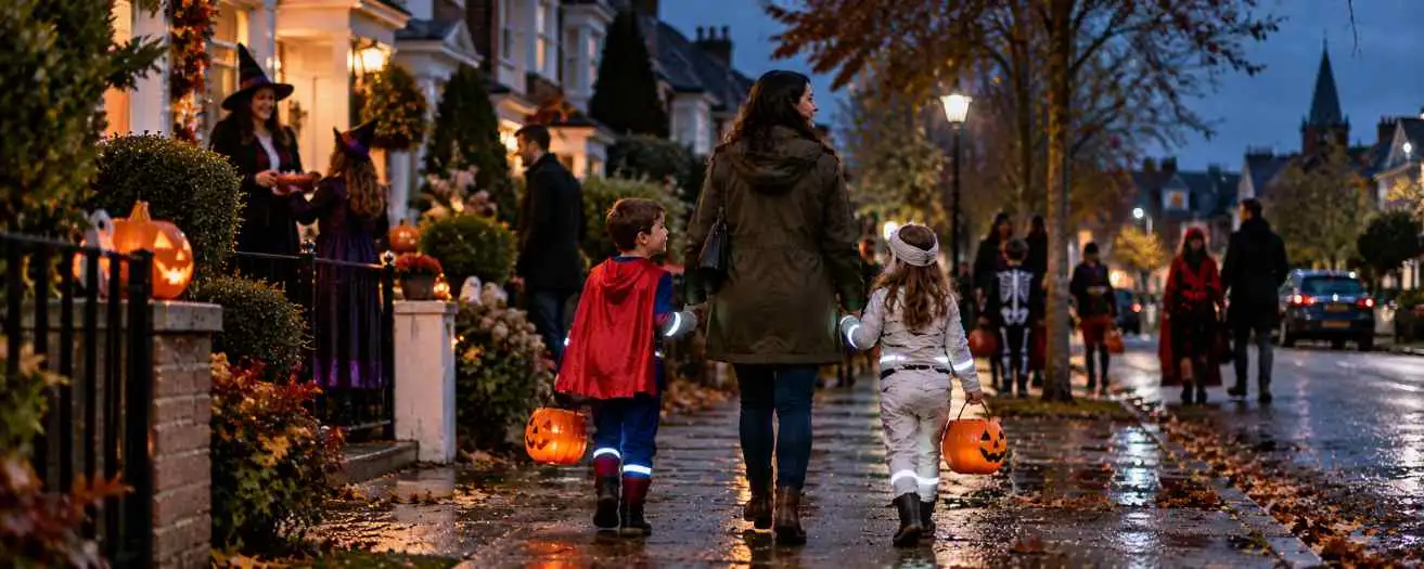 an adult with two kids in costumes, going trick or treating on Halloween