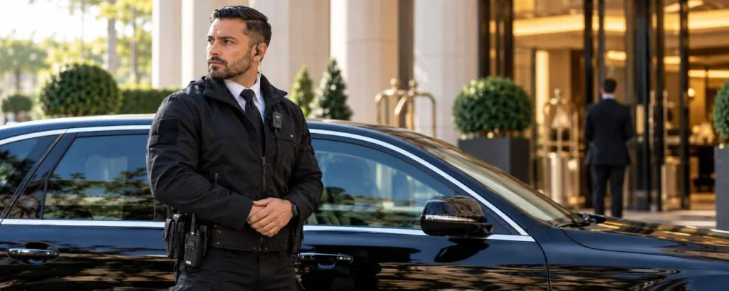 a close protection officer standing beside a car