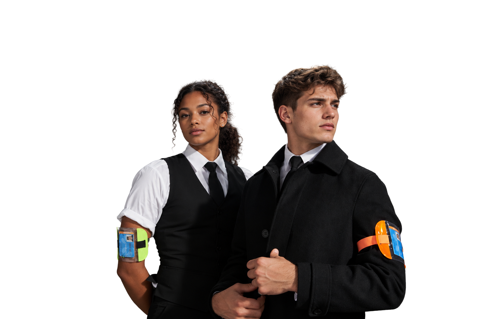Two students in security uniforms in front of the London Eye and Big Ben