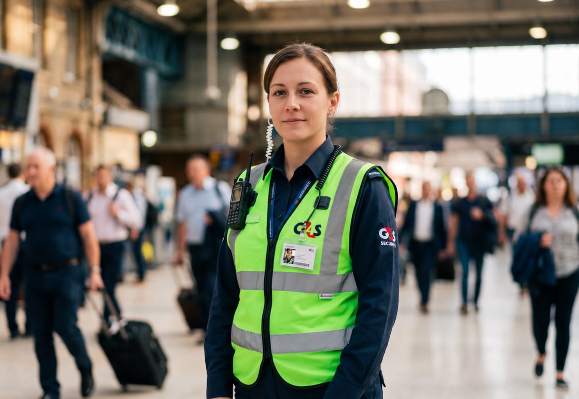 A licensed security officer on duty at a busy train station